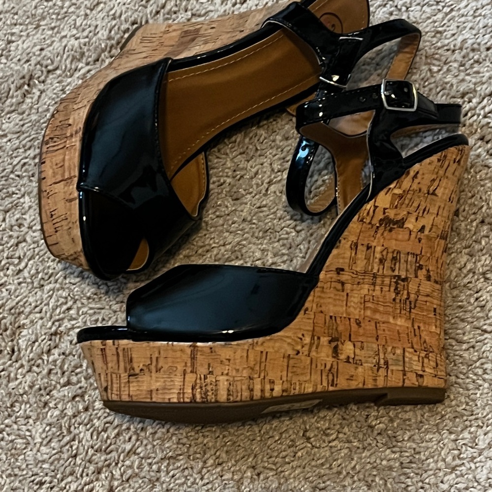 Black Patent Leather Wedge Sandals